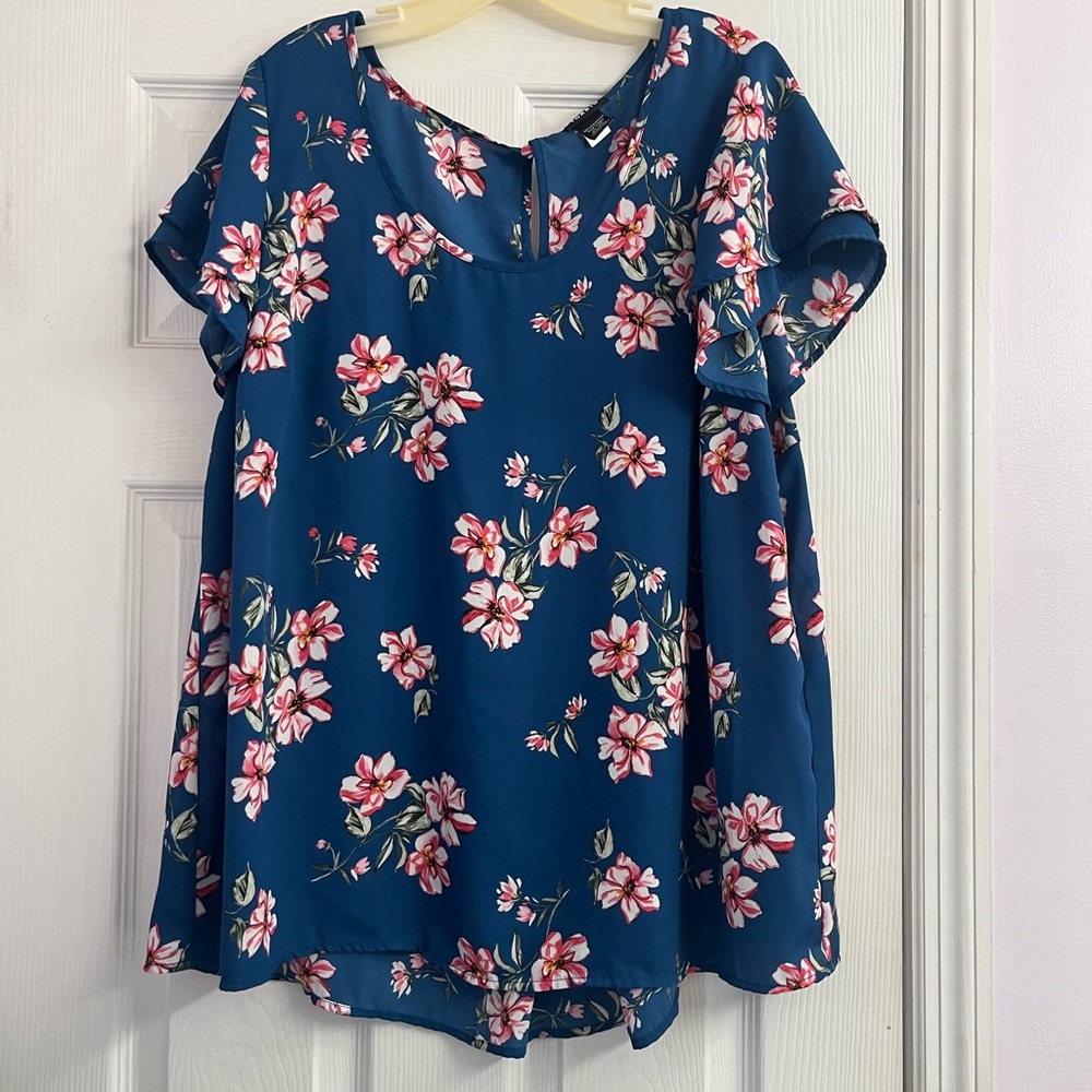 Torrid Georgette Flutter Turquoise Rose Floral Pleated Back Ruffle Sleeve